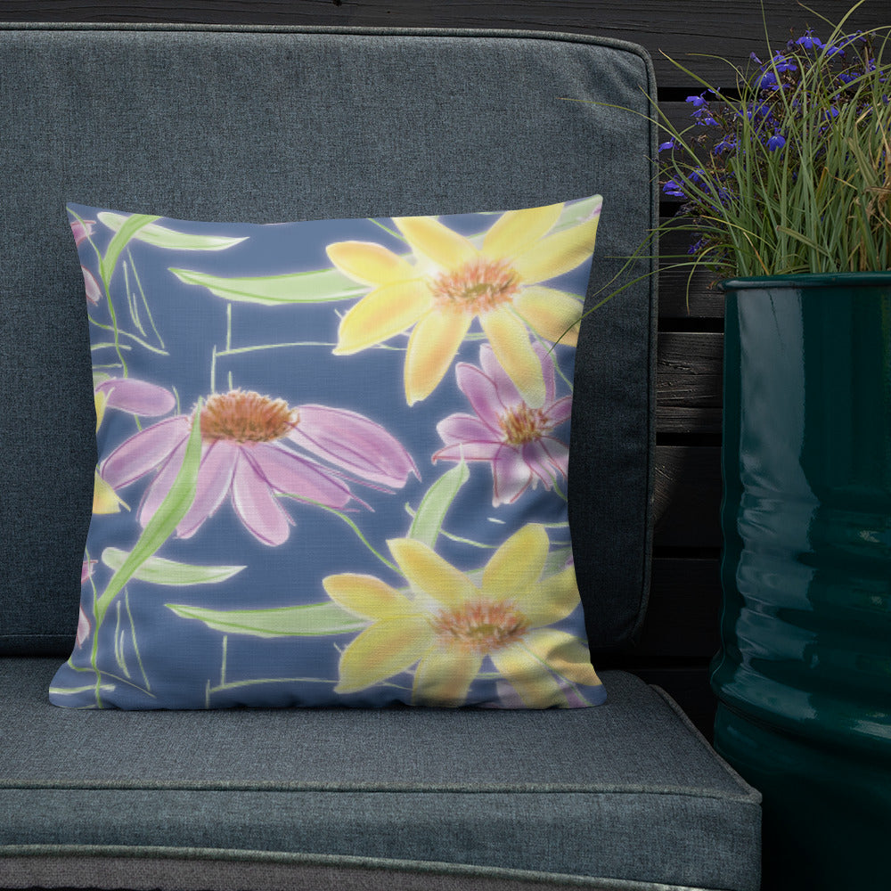 Lugindee throw pillow 12x12 blue with large print flowers purple and yellow