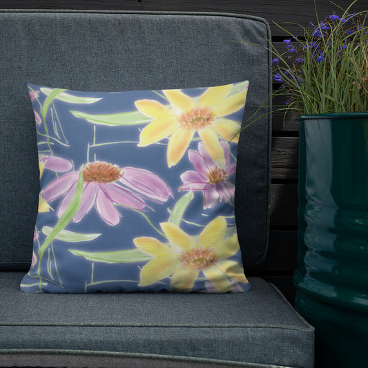 Lugindee throw pillow 12x12 blue with large print flowers purple and yellow